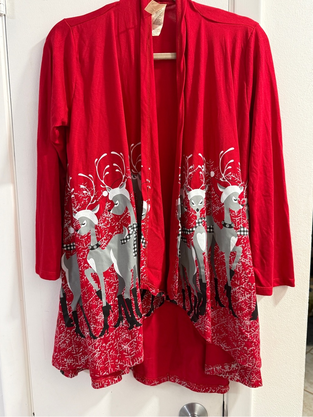 Red Holiday Open-Front Cardigan with Reindeer Print